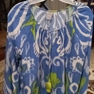 FINAL PRICE CHICO'S pea green multi-colored l/s blouse/elastic cuffs tassel tie